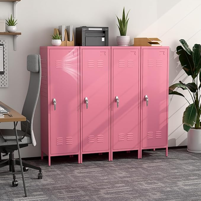 Aobabo Metal 54" H Metal Storage Locker for Employees, Lockable 1 Door with Towel Rack and 2 Side Pegboards with Hooks for School Office Gym Home, Assembly Required (Pink)