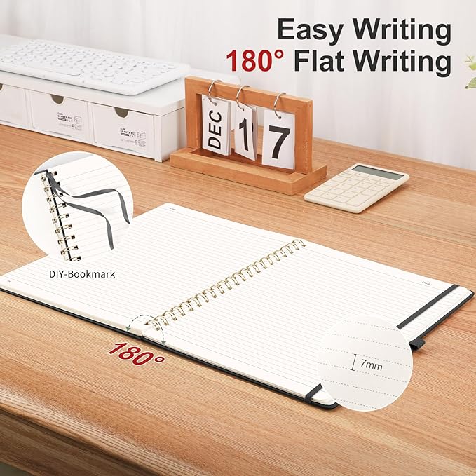 AHGXG Lined Spiral Journal Notebook, B5 Large Notebooks for Women Men, 140 Pages Hardcover Leather Notebook College Ruled, 100 GSM Paper, Notebooks for Work School Note Taking, 7.6" x 10", Black