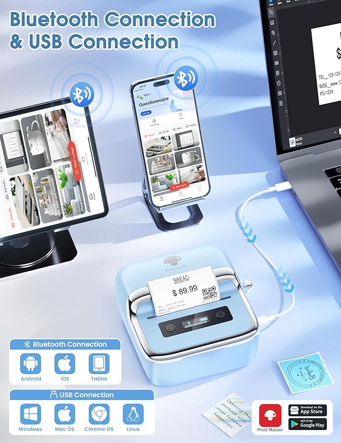 Phomemo M250 Label Maker, 3" Thermal Barcode & Address Printer - Portable Label Maker for Business, Home & Logos, Sticker Printer Compatible with Phones & PCs, with 100 Labels, 40x30mm