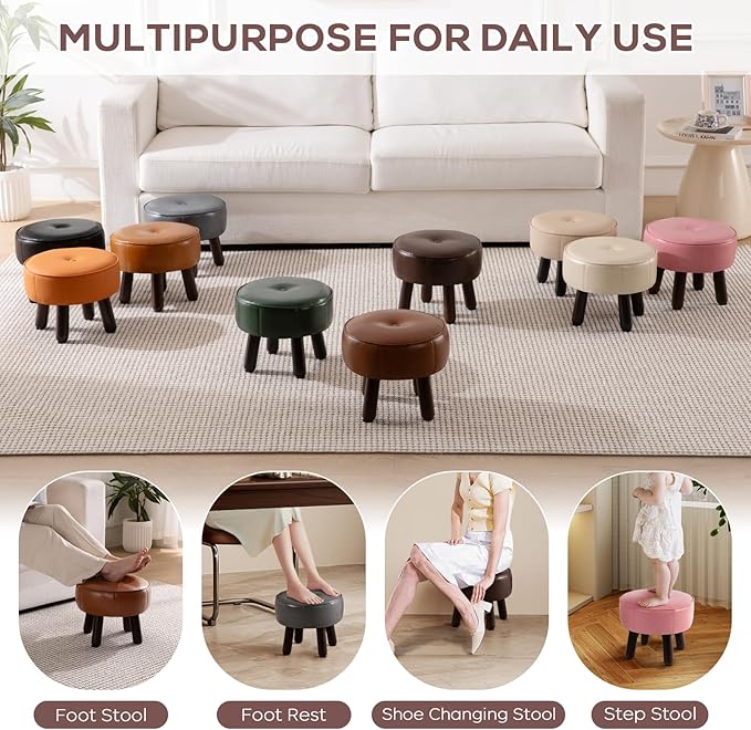Small Foot Stool Ottoman, Round Pouf Foot Rest, Footstool Ottomans with Rubber Legs Under Desk, Faux Leather Footrest for Couch, Living Room, Bedroom, Office, 13''L x 13''W x 10.2''H, Coffee