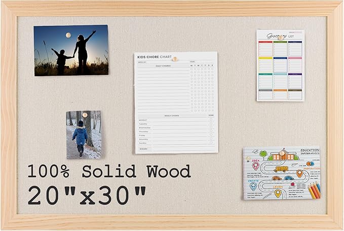 Bulletin Board Cork Board with Linen, 100% Wood Framed 30" x 20" Bulletin Board Decorations, Pin Boards for Walls, Wall Mounted Fabric Picture Board with 10 Pushpins for School, Home & Office, Natural