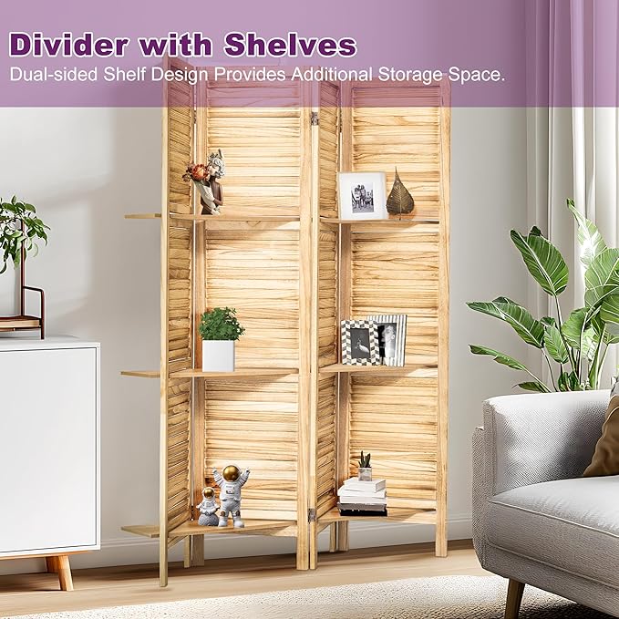 Room Divider with Shelves, 5.6FT Folding Room Divider Panel, 4 Panel Wood Partition Wall Divider for Room Separation, Natural Wood
