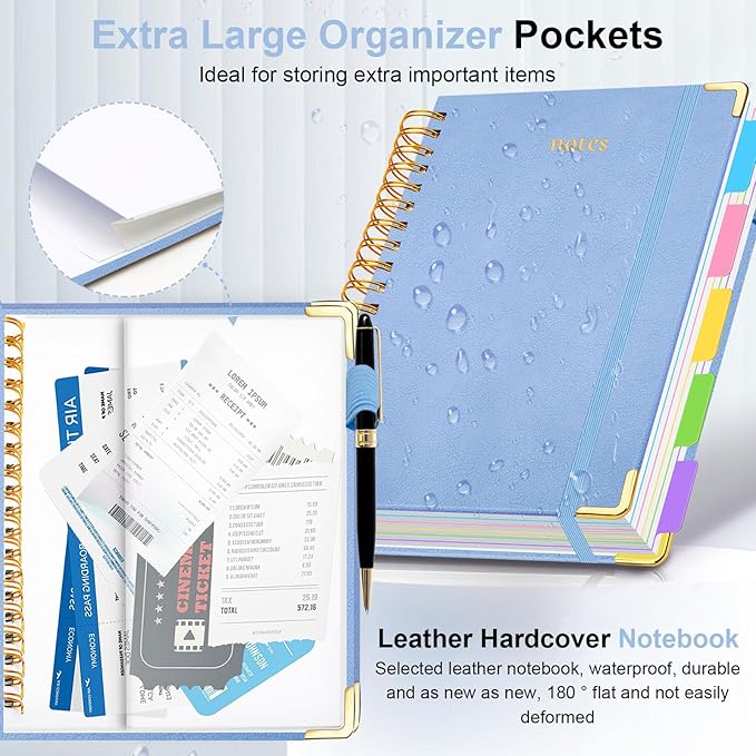 Hardcover Spiral Notebook 8"x10" Journal Notebook with Tabs and Removable Dividers 300 Pages 5 Subject Notebook College Ruled, Faux Leather Spiral Bound Notebook for Women, Students, School Work (Lake Blue)