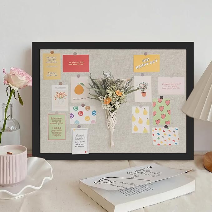 Cork Board Bulletin Board 16.7" x 11", Small Linen Corkboards with Frame for Walls, Cute Picture Display Pin Board Vision Board for Room School Office Bedroom 8 Pushpins Vintage Black