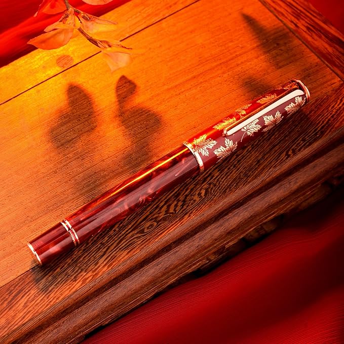 Hongdian N8 Red Acrylic Resin Fountain Pen, Iridium Medium Nib Rose Gold Trim Maple Leaf Carving Cap, Smooth Writing Pen with Converter and Metal Pen Box Set