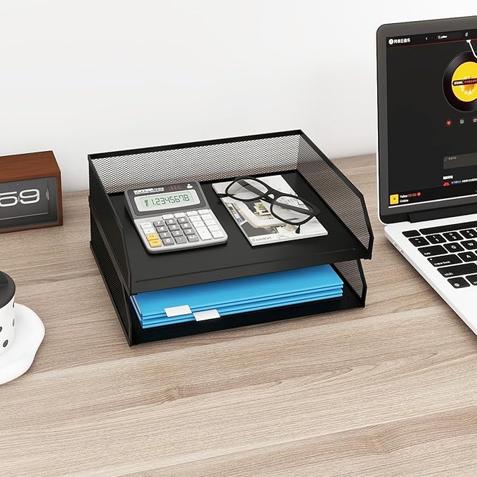 Natwind 2-Tier Stackable Paper Tray, Metal Mesh Desktop Organizer, A4 Desk Organizer, Stackable Letter Trays,File Folder Sorter Organizer with Sliding Tray for Home, Office, School (Black)