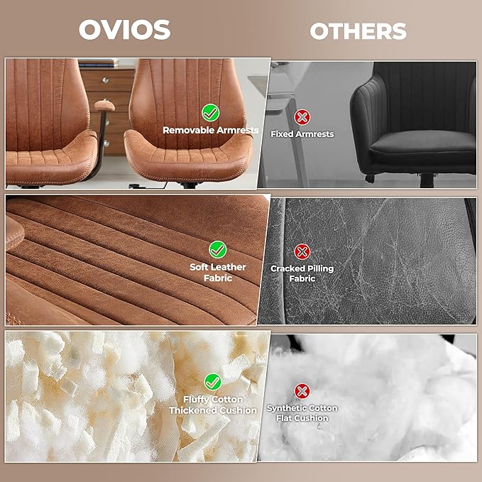 ovios Ergonomic Home Office Chair, Mid-Century Modern Faux Leather Chairs with Padded Armrests, Comfy High Back Swivel Rolling Executive Computer Armchair (Brown, Suede Leather)