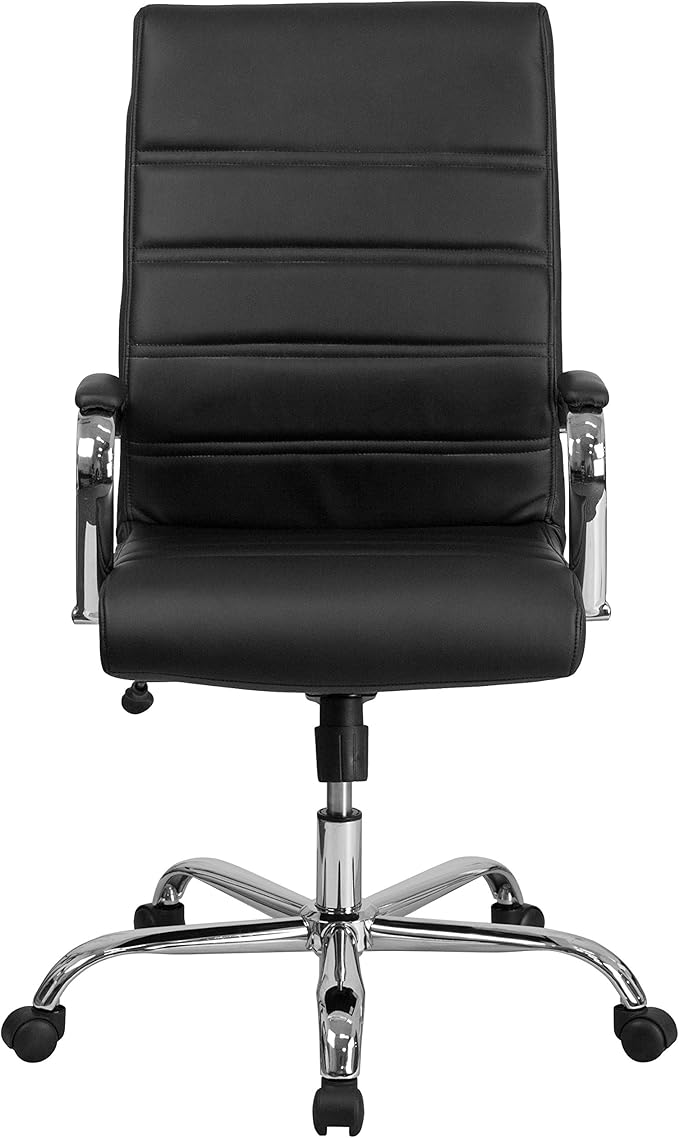 Flash Furniture Whitney High-Back Swivel LeatherSoft Desk Chair with Padded Seat and Armrests, Adjustable Height Padded Office Chair, Black/Chrome