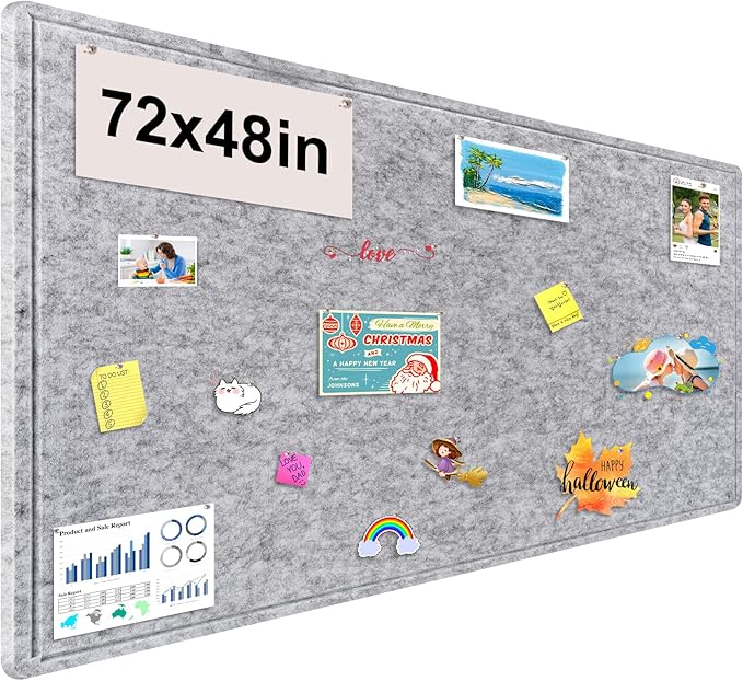 Large Bulletin Board, 72x48 Inches Cork Board Alternative, Large Felt Board Decorative Pin Board for Wall, Foldable Photo Board Self-Adhesive Vision Board with 36 Pushpins Light Gray