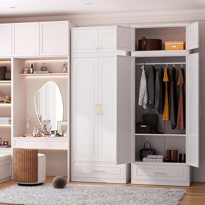 Metal Armoire Wardrobe Closet with Drawer, Freestanding Wardrobe Cabinet with Hanging Rod, Large Clothing Storage Cabinet with Doors for Bedroom, 18" D x 32" W x 86" H, White, Assemble Required