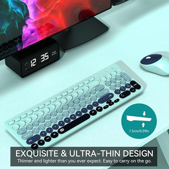 FD Wireless Keyboards and Mouse Combo - 2.4GHz USB Cordless, Cute Wireless Keyboard Round Keys, Quiet and Slim Set for Laptop, Computer, TV and Mac - Indigo Blue Colorful