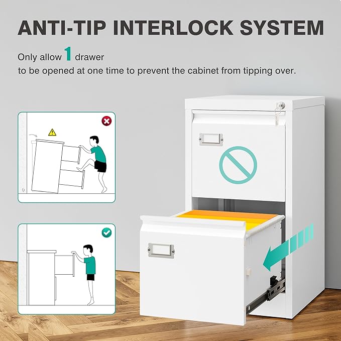 SISESOL 2 Drawer File Cabinet with Lock and Tag,Narrow Two Drawer Filing Cabinet,White Vertical Metal File Cabinets,Small Filing Cabinets for Home Office Fit Letter/A4/Legal Size File,Easy Assembly