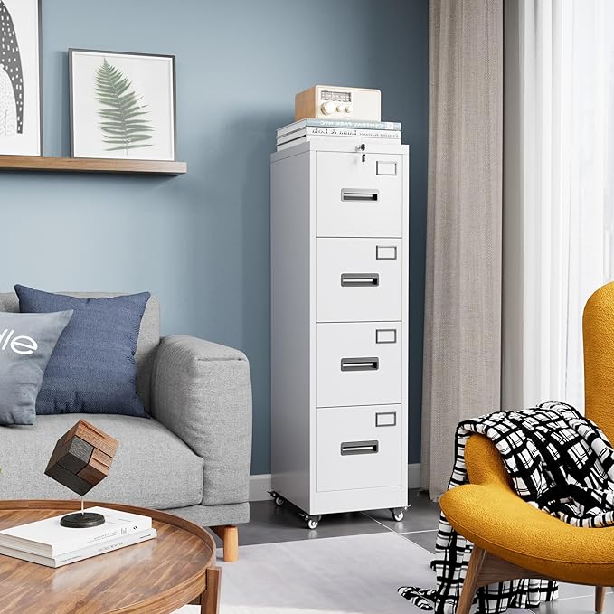 Aobabo File Cabinet 4 Drawer with Wheels, Lockable Office Metal Filing Cabinet with Name Card for Office and Home,Required Assembly,White