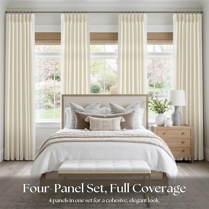 Cream Beige Pinch Pleated Linen Curtains 112 Inch 4 Panels Set - Image 6