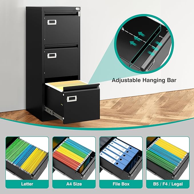 SISESOL 3 Drawer File Cabinet with Lock and Tag,Narrow Three Drawer Filing Cabinet,Vertical Metal File Cabinets,Small Black Filing Cabinets for Home Office Fit Letter/A4/Legal Size File,Easy Assembly