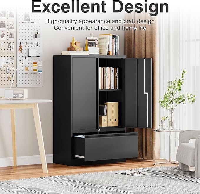SISESOL Black Lateral File Cabinet with Lock,51" Locking Filing Cabinet with Doors and Shelves,Metal Storage Cabinets with Drawer for Home,Office,Garage,School,Fit A4/Letter/Legal File (1 Drawer)