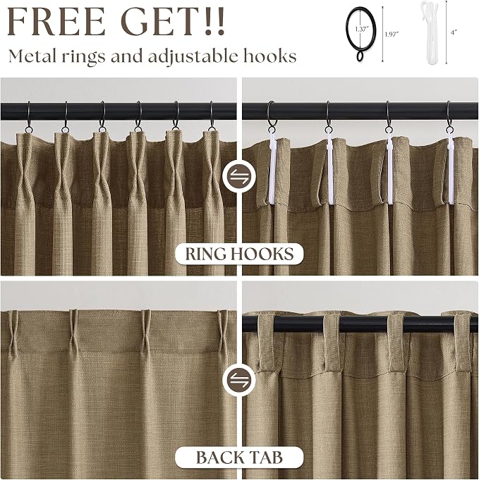 Pleated Light Brown Semi Sheer Sliding Door Curtains 105 Inches Long 4 Panels - Image 5