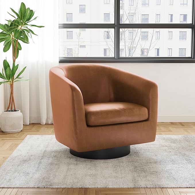 UIXE Faux Leather Swivel Accent Chairs Set of 2, Modern Upholstered Barrel Chairs for Living Room, Comfy Round Armchair Single Sofa Bedroom Reading Seat - 31" W, Brown