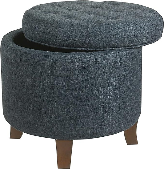 HomePop by Kinfine Fabric Upholstered Round Storage Ottoman - Velvet Button Tufted Ottoman with Removable Lid, Indigo Blue Woven