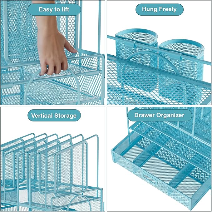 Marbrasse Desk Organizers, 4-Tier Mesh Desk File Organizer with 5 Vertical File Holders and 2 Pen Holders, Multifunction Desktop Organizer,Desk Organizers and Accessories for Home Office (Blue)