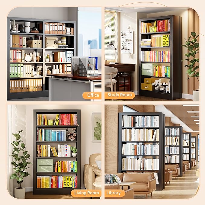 5-Tier Bookcase with Adjustable Storage Shelves, Metal Bookshelf with Book Stopper, Bookcase Shelf for Library, Office, Living Room (Black-2)