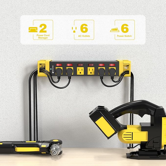 Heavy Duty Power Strip - 6 Outlet Power Strip with Individual Switches Cord Manager Surge Protector 1200J Home Office Garage Industrial Workbench