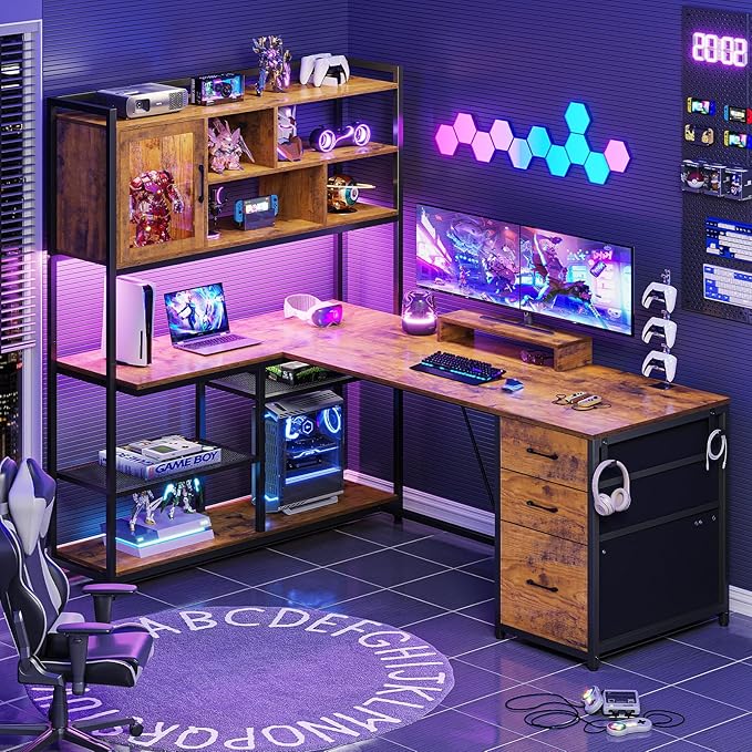 SEDETA L Shaped Computer Desk, 58'' Office Desk with 3 Drawers and Bookshelf, L Shaped Corner Desk with Storage Shelves and LED Light for Home Office, Gaming Desk, L Desk, Rustic Brown