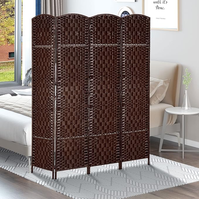 NicBex Room Divider 4 Panel Room Dividers with Woven Rattan Design Partition Room Dividers and Folding Privacy Screens 6 FT Wall Divider for Office, Room Separation,70.75"W x 0.75"D x 70.75"H, Brown