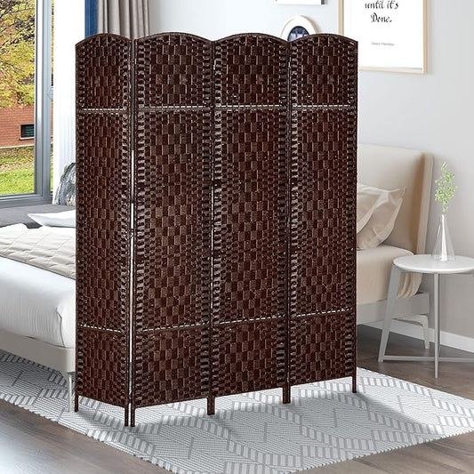 NicBex Room Divider 4 Panel Room Dividers with Woven Rattan Design Partition Room Dividers and Folding Privacy Screens 6 FT Wall Divider for Office, Room Separation,70.75"W x 0.75"D x 70.75"H, Brown
