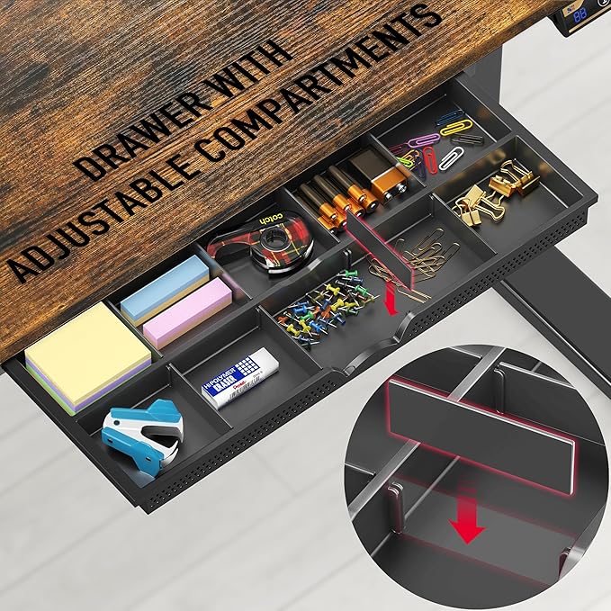 SHW 48-Inch Electric Height Adjustable Standing Desk with Drawer, Memory Preset and Cable Management Tray, Rustic Brown