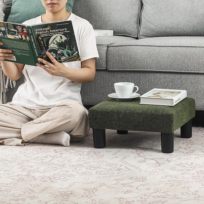 Joveco Small Foot Rest Stool Ottoman, 3D Velvet Square Upholstered Footstool for Chair, Under Desk, Office, Living Room, Deep Green