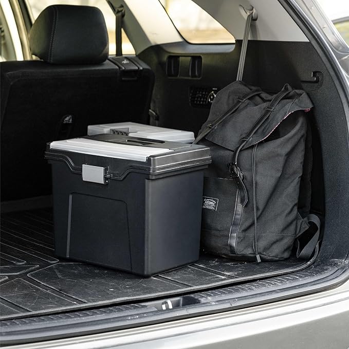 IRIS USA File Box with Lid File Organizer for Letter File w/ Organizer-Lid, Water Resistant Document Box, Plastic Mobile Filing Organizer, Secure Buckle, Portable Handle, Lockable, Black 4 Pack