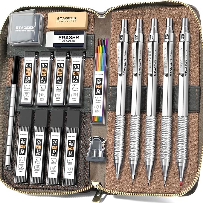 Metal Mechanical Pencil Set in Leather Case, 5PCS Art Drafting Pencil 0.3, 0.5, 0.7, 0.9 & 2mm Lead Holder, 9 Tube (4B 2B HB 2H Colors) Lead Refills for Drawing, Sketching, Writing (Silver)