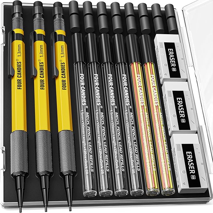 Four Candies 3PCS 1.3mm Mechanical Pencil Set with Case, Metal Heavy Duty Carpenter Pencils with 72 Refill(Red,Black,Yellow) 3Eraser, 16Eraser Refill, Weatherproof Body Outdoor Woodworking Marking
