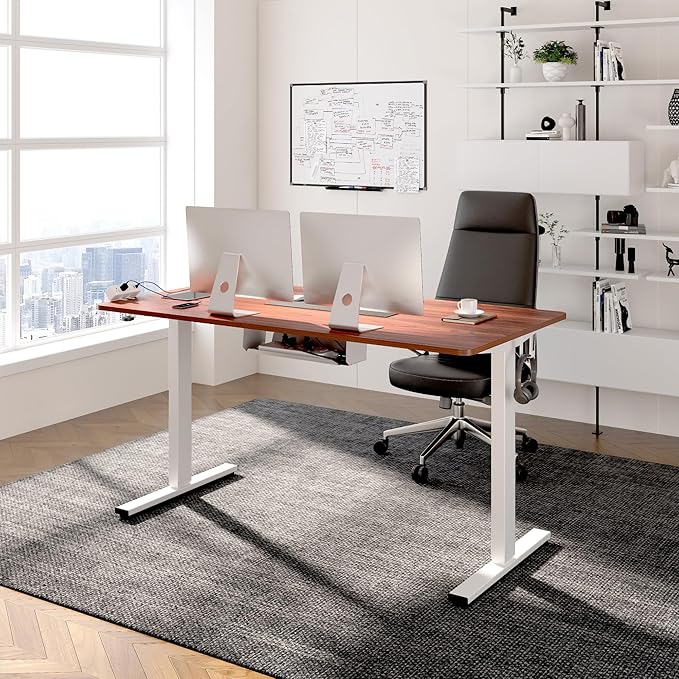 FLEXISPOT EN2 Whole-Piece Standing Desk with Clamp Power Strip, 60 x 24 Electric Stand Up Height Adjustable Desk with Cable Management (White Frame + 60" Mahogany Desktop, 2 Packages)