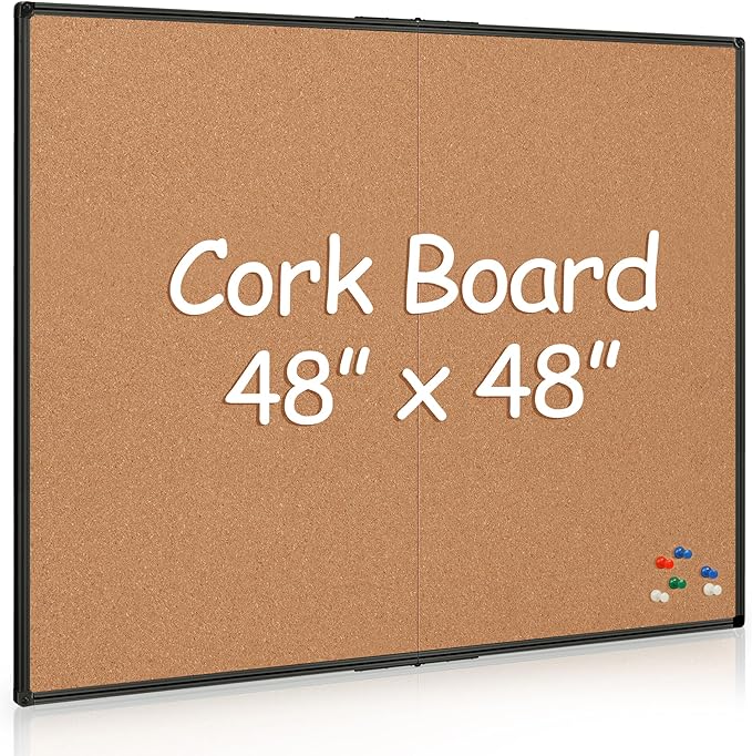 Board2by Extra Large Cork Bulletin Board 48" X 48", Foldable Notice Pin Board for Wall, Black Aluminum Framed 4'x4' Corkboard, Wall Mounted Noticeboard with 36 Push Pins for School, Home & Office
