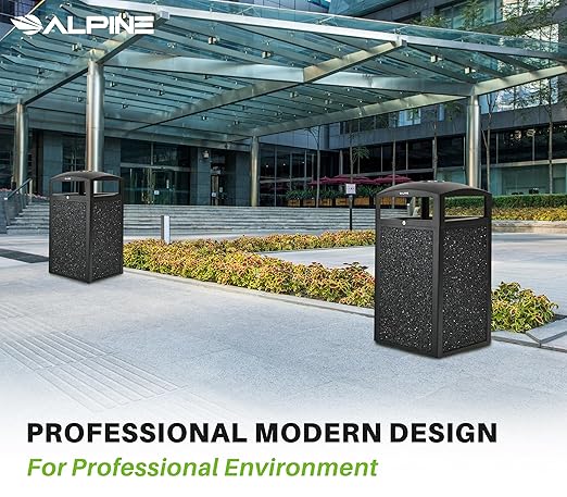 Alpine Outdoor Commercial Trash Can with Lid - 40 Gallon Heavy Duty Metal Garbage Can with Removable Bin, Locking Lid for a Modern Look in Park, Mall & High Traffic Areas-Grey Stone Panels (With Tray)