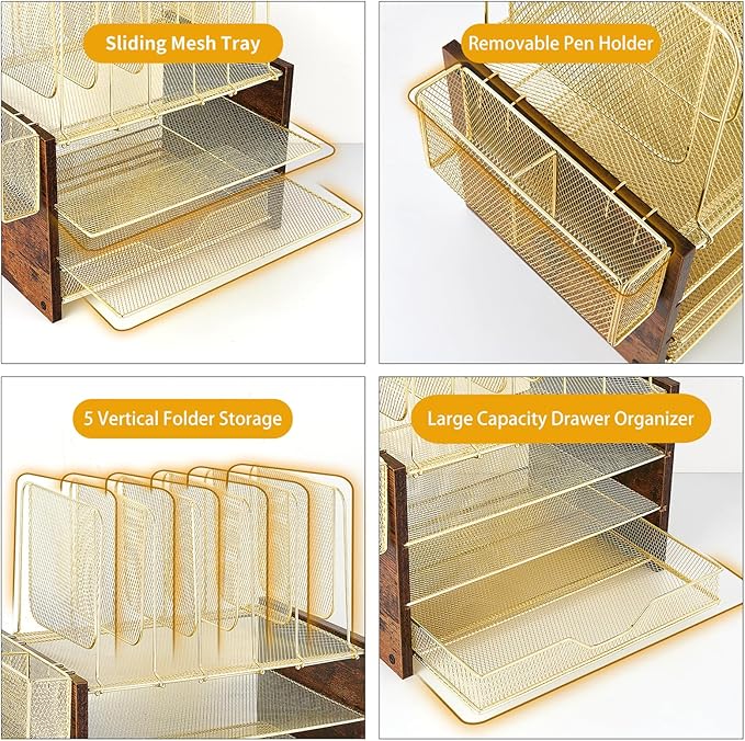 Gold Desk Organizers and Accessories,4-Tier Desktop File Organizer with Drawer, Wood Paper Organizer with 5 Vertical File Holders and Pen Holder for Office Supplies