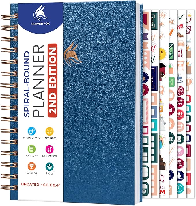 Clever Fox Planner 2nd Edition Spiral – Colorful Weekly & Monthly Goal Planner, Time Management & Productivity Organizer, Undated (Mystic Blue)
