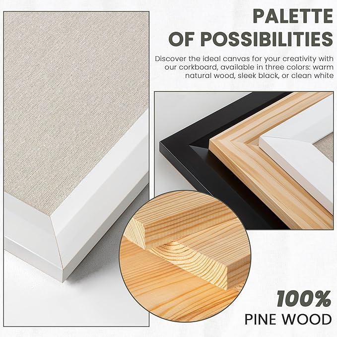 Bulletin Board Cork Board with Linen, 100% Wood Framed 30" x 20" Bulletin Board Decorations, Pin Boards for Walls, Wall Mounted Fabric Picture Board with 10 Pushpins for School, Home & Office, White