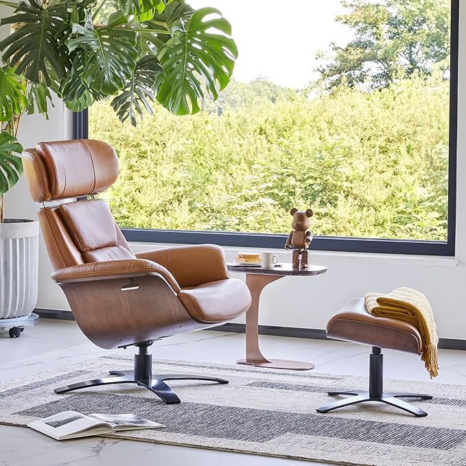 CHITA Genuine Leather Reclining Swivel Chair with Adjustable Headrest and Ottoman for Living Room, Saddle