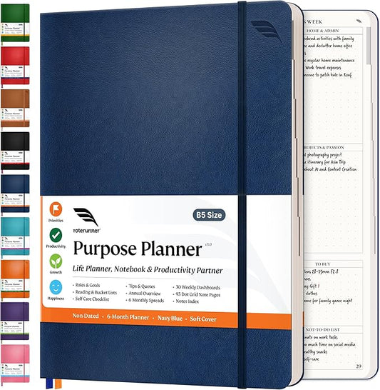 Roterunner Purpose Planner Notebook B5 7.5”x9.8” Undated Planner 2025 Daily Weekly and Monthly Productivity Goal Setting Tool for Work Home