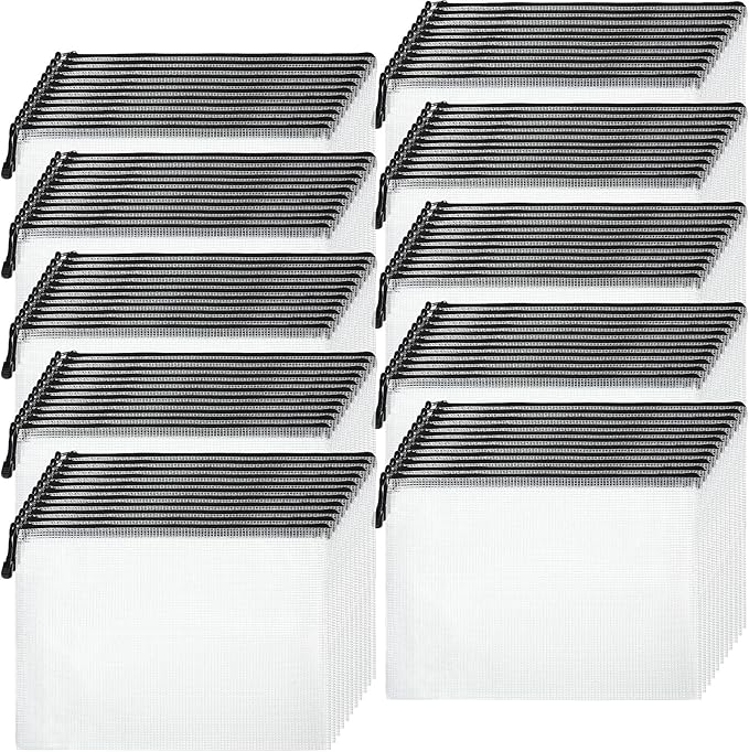 200 Pcs A4 Mesh Zipper Pouch Bulk Waterproof Mesh Zipper Organizer Plastic File Folder Case for School Office Supplies Document Board Games Puzzle(Black)