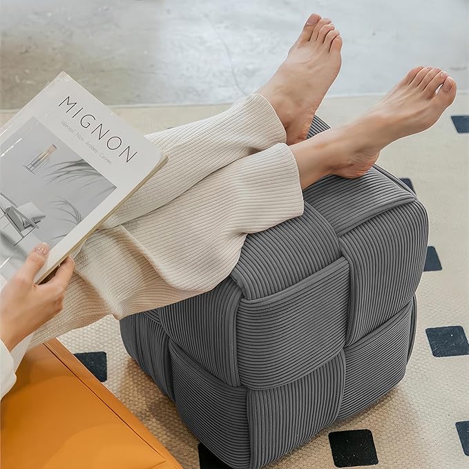 Ottoman Foot Rest Soft and Comfortable Ottoman Square Corduroy Woven Design Sofa Stool (Grey)