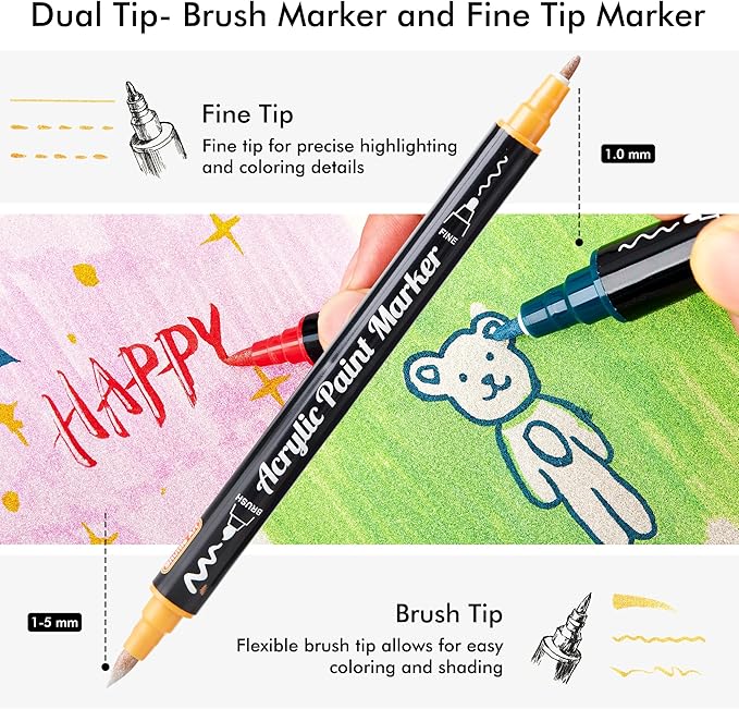 28 Metallic Colors Dual Tip Acrylic Paint Markers, Brush Tip and Fine Tip Acrylic Paint Pens for Rock Painting, Ceramic, Wood, Canvas, Plastic, Glass, Stone, Calligraphy, Card Making, DIY Crafts