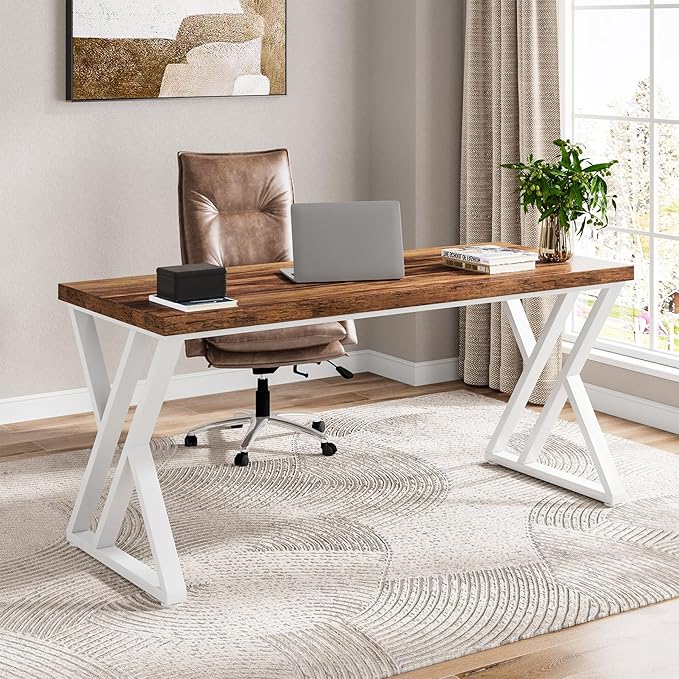 Tribesigns Modern Walnut/White 55" Heavy Duty Computer Desk, Study & Work Desk, 23.6"D x 55.1"W x 29.5"H, Z-Shaped Metal Legs, 330 lbs Capacity
