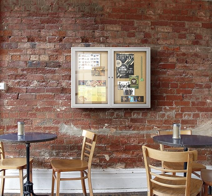 Ghent 36"x60" 2-Door indoor Enclosed Bulletin Board , Shatter Resistant, with Lock, Satin Aluminum Frame - Natural Cork (PA23660K) Made in the USA