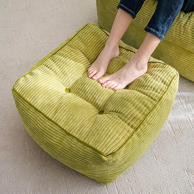 HIGOGOGO Square Stuffed Pouf Ottoman, Corduroy Poufs with Foam Chunk Filling, Furry and Fluffy Pouf Foot Stool Storage Ottoman, 21 X 21 Floor Poufs Foot Rest for Living Room, Green