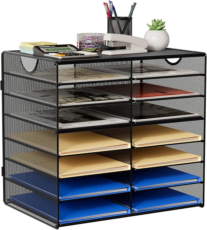 EasyPAG 14-Slot Mesh Desk File Organizer with Handle, Metal Frame Paper Tray for Classroom/Office/Home - Easy Assembly, Durable Tiered Sorter & A4/Letter Size, Black