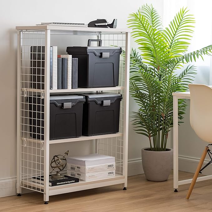 IRIS USA File Box with Lid File Organizer for Letter File w/ Organizer-Lid, Water Resistant Document Box, Plastic Mobile Filing Organizer, Secure Buckle, Portable Handle, Lockable, Black 4 Pack